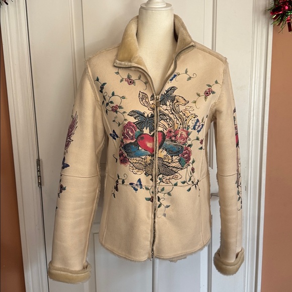 eivissa Jackets & Blazers - eivissa Cream Faux Fur Suede Painted Graphic Coat Jacket Tattoo design
